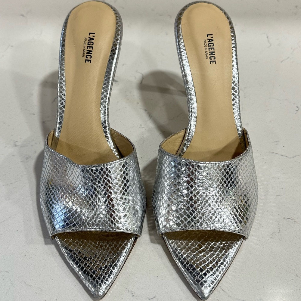 L’agence Lolita Open Toe Pointed Mules Heel Silver US Size 11/EU 41 NWOB